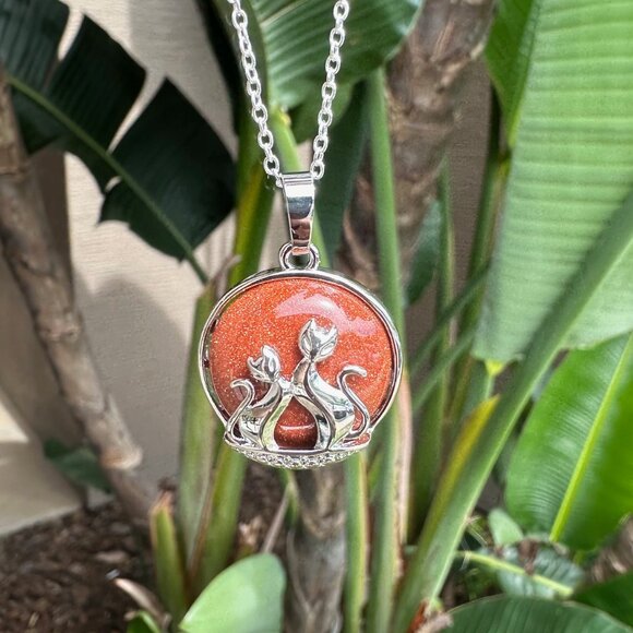 NEW Goldstone Cat Love Necklace Goldstone Cat Love Pendant - Picture 3 of 5